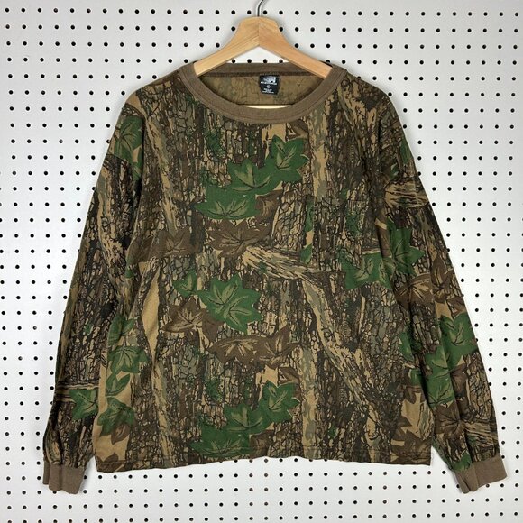 Trebark Vintage Camo Ringer T Shirt XL Long Sleeve Hunting Vintage Print 90s USA - Picture 1 of 7